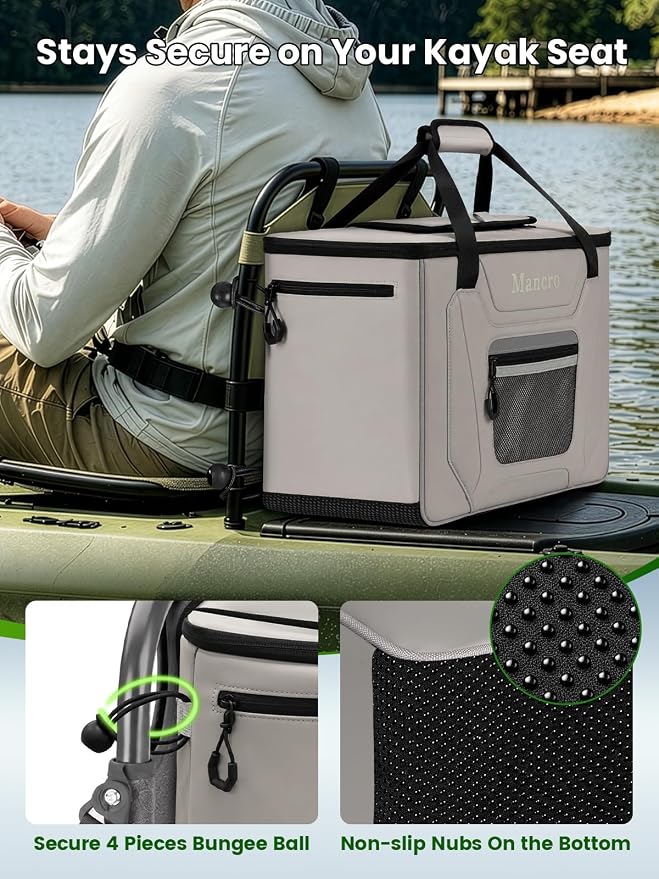 Mancro Kayak Cooler Behind Seat, 24 Cans Kayak Fishing Accessories for Lawn Chair Seat, Leakproof Cooler for Kayak with Quick-Access Top Hatch and Fishing Rod for Kayaking, Beach, Picnic