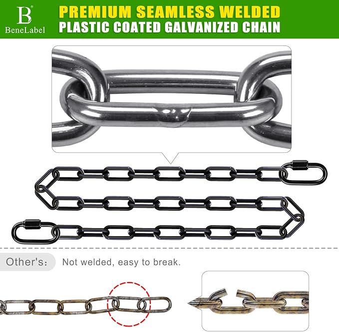 BeneLabel 2Pcs 80" (6.6ft) Swing Chain with Hooks 1000 LBs Capacity Heavy Duty Black Coated Hanging Chain Porch Swing Chains for Hammock, Swingset, Hanging Chair, Hammock Chair, Heavy Bags