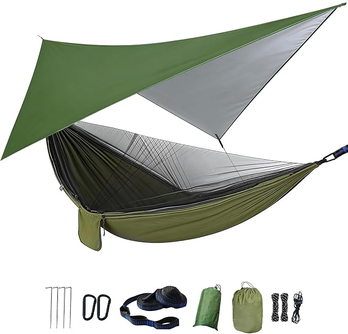 Camping Hammock with Rain Fly Tarp Mosquito Net Heavy Duty Tree Straps Portable Double Parachute Hammock Tent Waterproof Rainfly Set 660lbs Maximum Weight