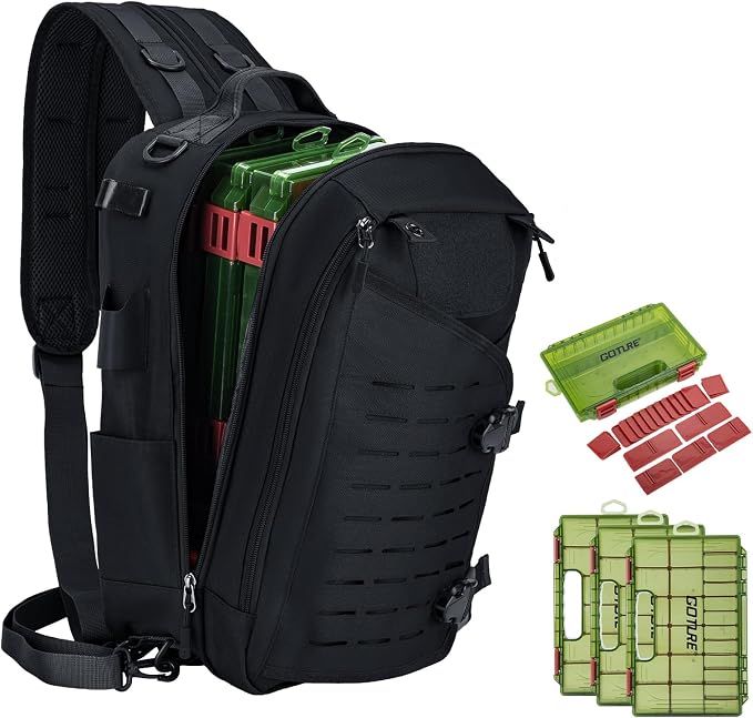 Goture Black Tackle Bag with Trays, Fishing Backpack for Men Professional Fishing Gear Organizer with MOLLE System, Rod Holder