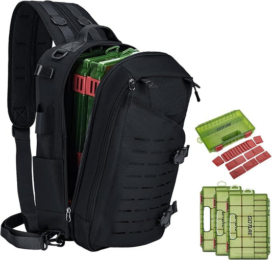 Goture Black Tackle Bag with Trays, Fishing Backpack for Men Professional Fishing Gear Organizer with MOLLE System, Rod Holder