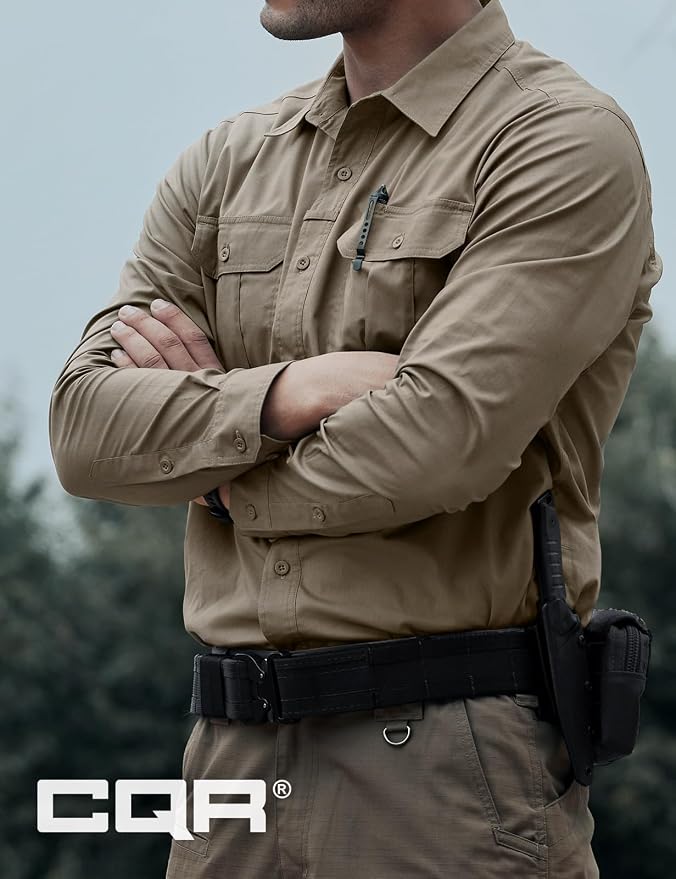 CQR Men's Long Sleeve Tactical Shirts, Ripstop Military Work Shirts, UPF 50+ Breathable Button Down Outdoor Hiking Shirt