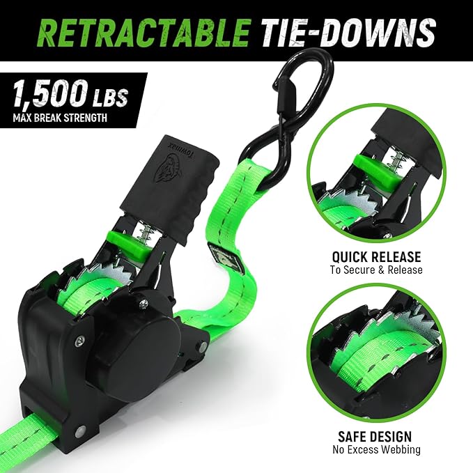 Retractable Ratchet Straps(4 Pack) - 1in x 10ft Self Retracting Ratchet Straps with Soft Loops, 1,500 lbs Break Strength Retractable Tie Down Straps, Easy Retract for Motorcyle, Cargo, Truck, Trailer