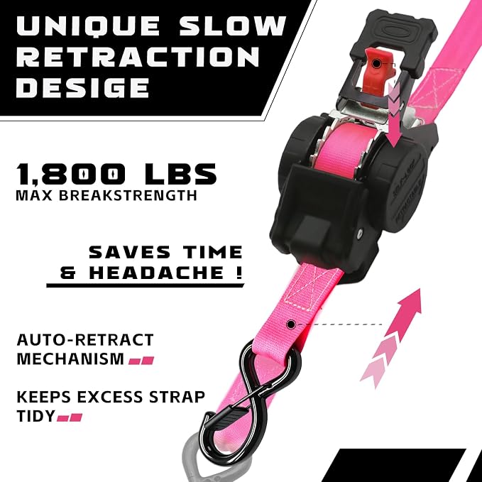 Retractable Ratchet Straps (2-Pack) - Heavy Duty Auto Slow Retraction Tie Down Straps - 1 Inch x 13 Feet (1,800lb Break Strength) for Truck, Cargo Trailer, Motorcycle, ATV, UTV - Pink