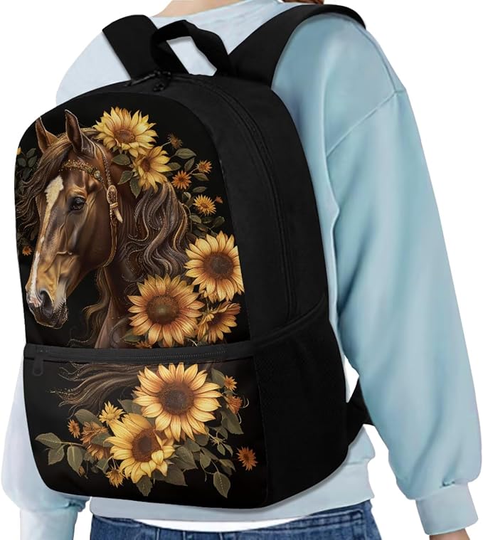Sunflower Horse Backpack for Girls School Bag with Lunch Bag Pencil Case Water Bottle Holder Kids Bookbag 4 PCS Elementary Daypack Back to School Accessories