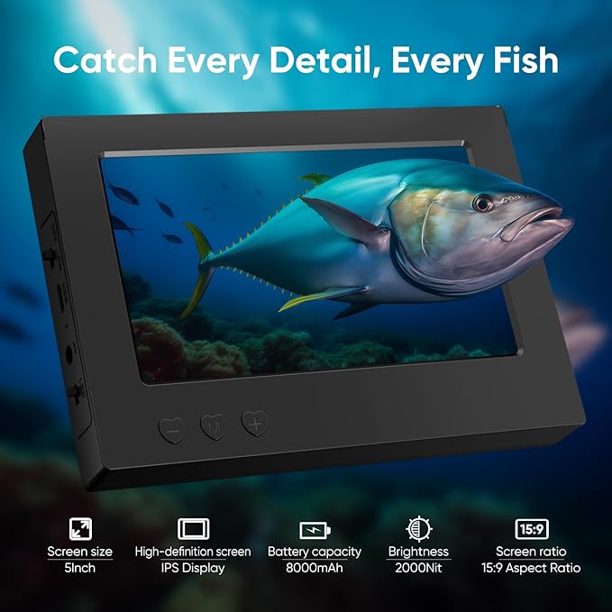 Underwater Fishing Camera 5 Inch, 1000TVL IPS Monitor Fish Finder, Wide Angle IP68 Waterproof, Infrared Night Vision with 65ft Cable for Ice, River and Boat-S26