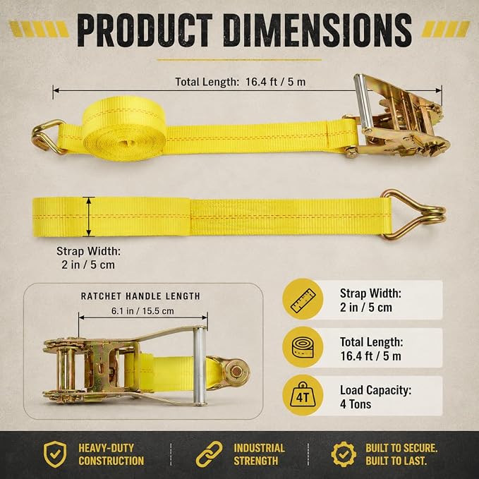 RHBLME Ratchet Straps Heavy Duty Pack of 4, 2 Inch Ratchet Straps with Double J Hook, 16.4 Ft Tie Down Straps for Securing and Moving Cargo, Motorcycles, 10000 LBS Break Strength