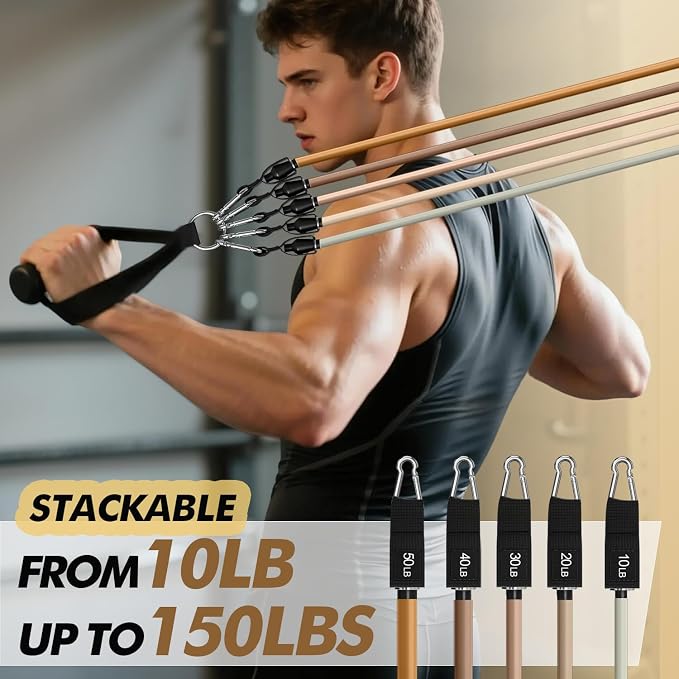 WHATAFIT Resistance Bands, Exercise Bands, Workout Bands with Handles, Door Anchor and Ankle Straps, 5 Resistance Levels Fitness Bands for Strength Training, Physical Therapy, and Home Gym Equipment