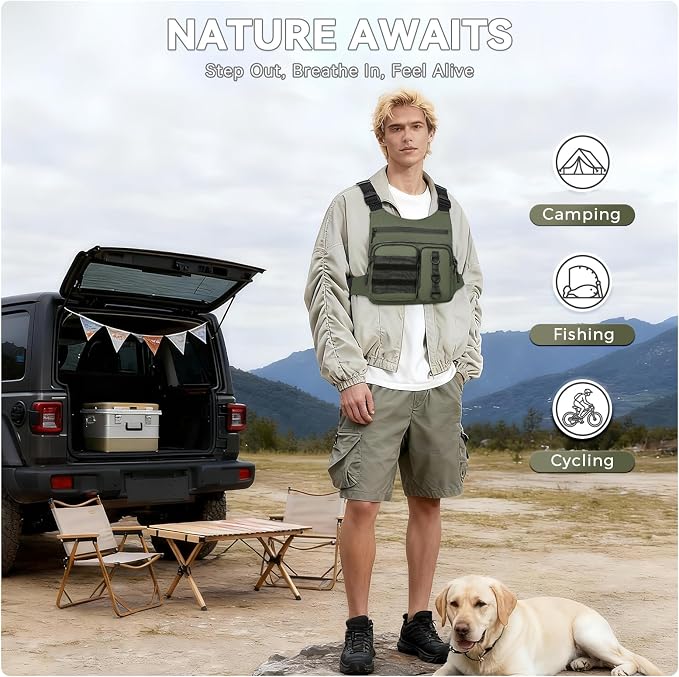 Criuage Outdoor Chest Bag for Men, Lightweight Adjustable Running Vest, Water Resistant EDC Chest Pack with Water Bottle Pocket, Breathable Back Pad for Hiking Cycling Fishing Travel (Olive)