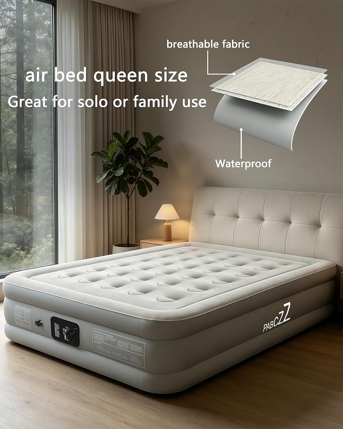 air Mattress Queen with Built in Pump – 18-Inch Thickened Inflatable Mattress for Easy Travel, Supports Up to 650 Pounds Pounds (Light Gray, Queen)
