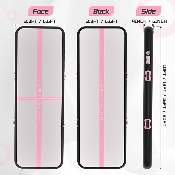 Pink Gymnastics Mat Inflatable Tumble Track Mats 10/13/16/20ft Training Mats for Home Air Mat for Kids with Pump 4”/6” Thick for Cheerleading/Yoga/Exercise/Parkour/Beach/Park/Water