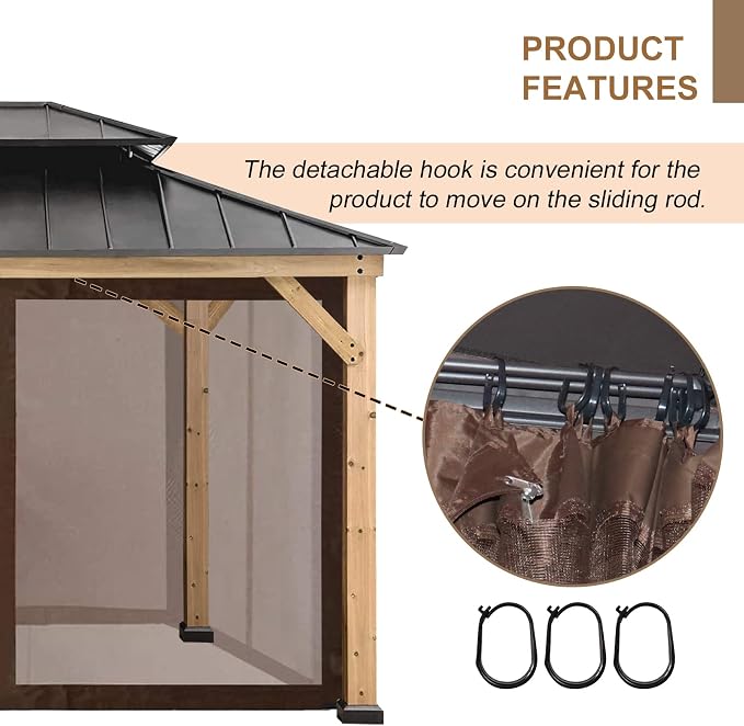 CoastShade 8x8 FT Gazebo Mosquito Net Replacement with 42 O Hooks and 42 J Hooks - Fits 8'x8' Outdoor Canopy Screens,Brown