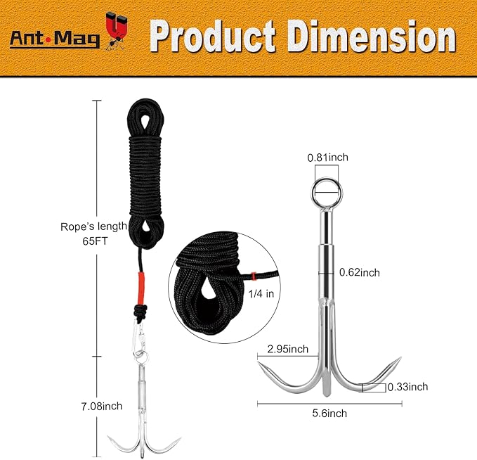 Ant Mag Grappling Hook with Claw Tips - Heavy Duty Stainless Steel Carabiner for Camping, Hiking, Tree Climbing, Water Retrieval & Salvage Operations
