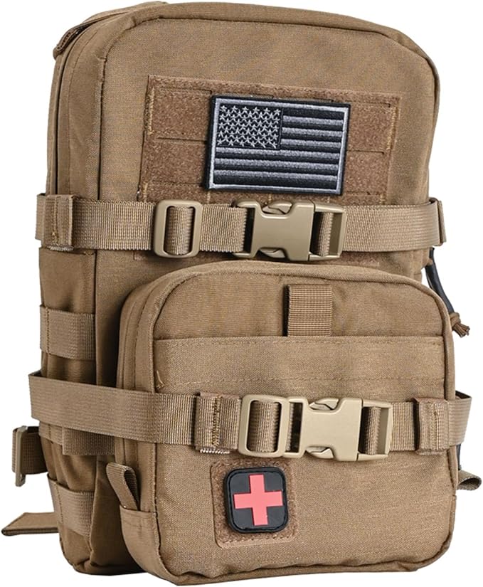 Tactical Mini Molle Hydration Pack,Molle Hydration Carrier with IFAK Pouch&US Flag&Med Patch,Hydropack for 2L Water Bladder
