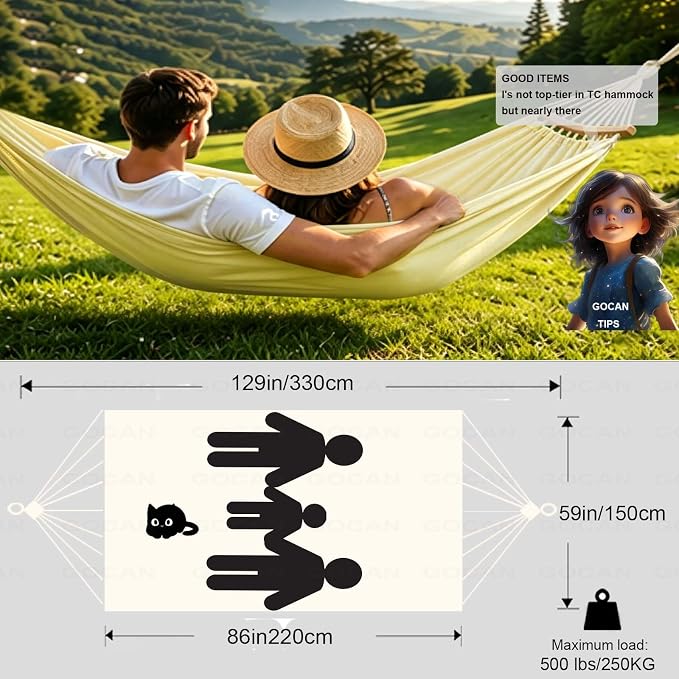 GOCAN Double Hammock 2 Person Extra Large 86inx59in Total Length 129in Load 500lb Canvas Cotton Hammock for Patio Porch Garden Backyard Lounging Outdoor and Lndoor with Removable Spreader Bar