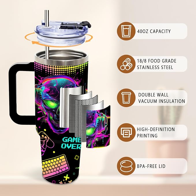 DUUV Funny Skull Gaming Tumbler 40oz, Insulated Gamer Gifts for Gamers Men | Gaming Gifts for Boys, Gamer Cup, Skeleton Tumbler Leakproof, Gamings Skeleton Water Bottle, Gamers Gift for Gamer, 1 Pack
