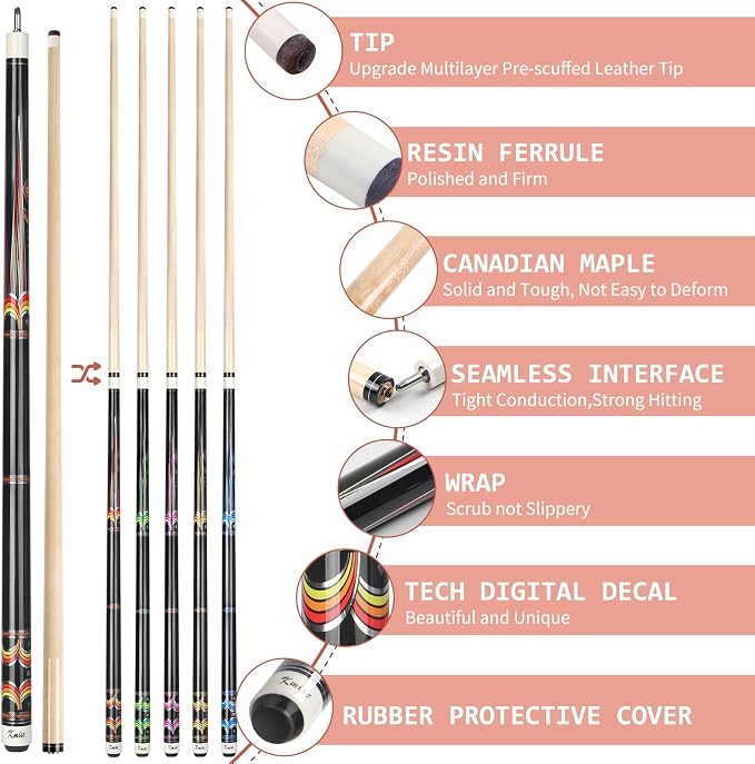 Kmise Pool Stick Set of - 58" Pool Cue Stick, Canadian Maple Professional Billiards Pool Cue, Pool Sticks for Adults, 18~21oz Multiple Colors