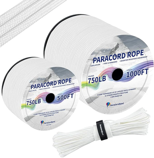 Paracordland-750LB Paracord Rope-100ft/500ft/1000ft- 9 Strand Parachute Spool Cord Heavy Duty String Ideal for Survival Gear Bracelet Camping Hikig Fishing-White-500FT