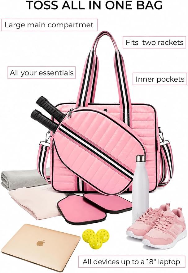 Pickleball Bag Set with Racket Compartment, Quilted Tote and Sling Bag