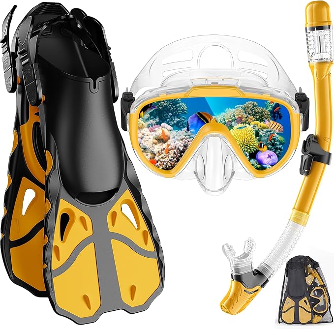 Snorkel Set with Fins for Adults, Snorkeling Gear for Adults Men and Women, Snorkle, Mask Set Adults Dry Top Snorkel Mask Combo Set with Travel Bag for Snorkeling, Diving, Swimming