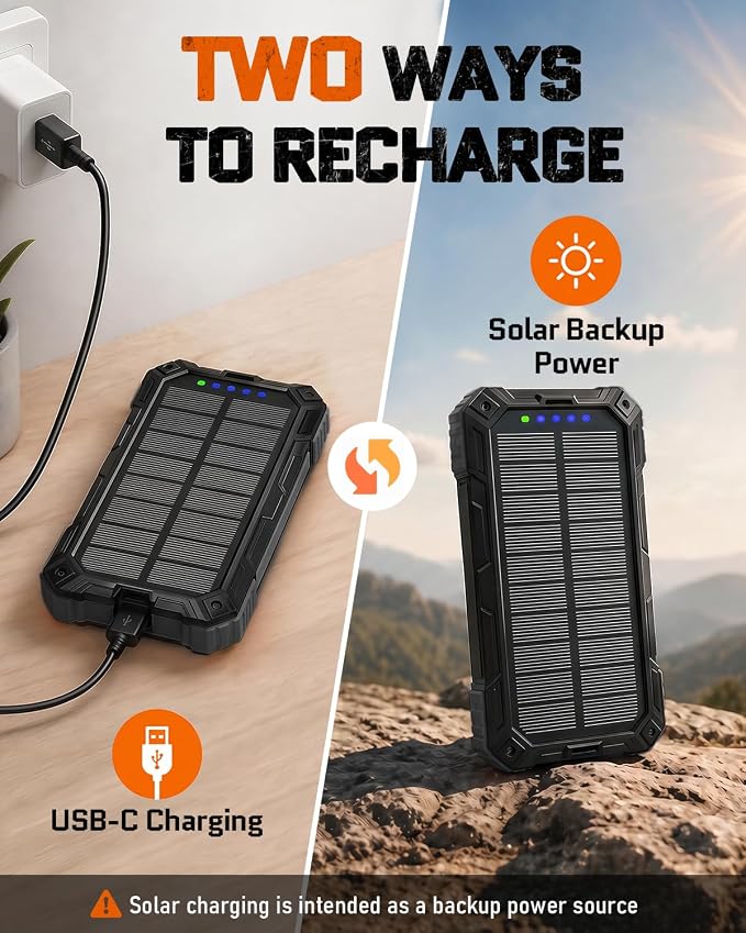 49800mAh Solar Charger Power Bank -Wireless, 4 Cables (Black) | IP65, Dual LED Flashlight, QC3.0, USB-C In/Out for Camping & Emergencies