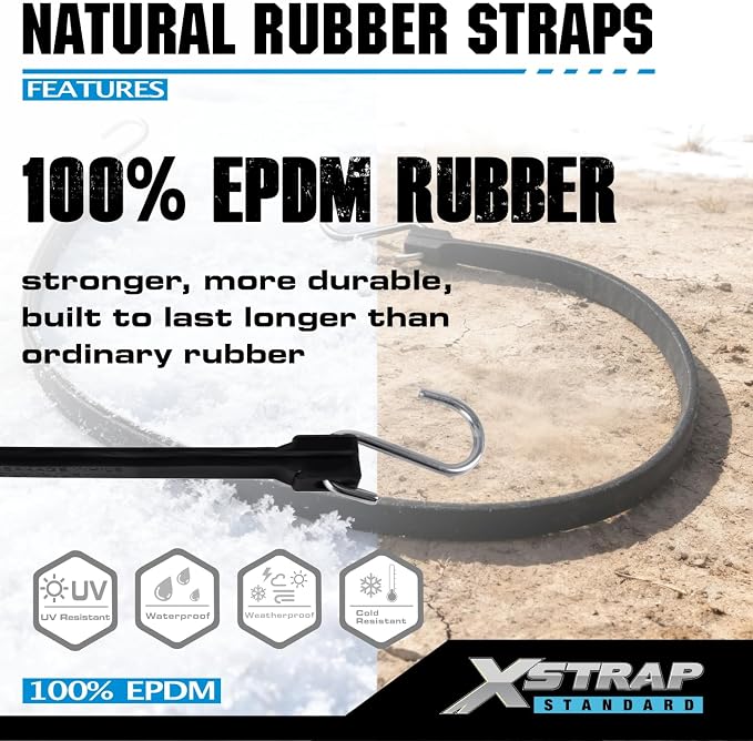XSTRAP STANDARD 20 Pack 15'' Adjustable Rubber Tarp Straps, EPDM Bungee Cords with Hooks, Ideal for Securing Tarps, Canvases, Flatbed Trailers