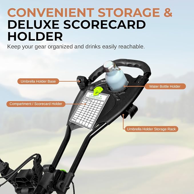 JOVIAL Foldable 3 Wheel Junior Golf Push Cart, Lightweight Aluminum Pull Cart with Deluxe Scorecard Holder, Adjustable Handle, Quick Brake System, Compact Folding Golf Trolley with Strap Support