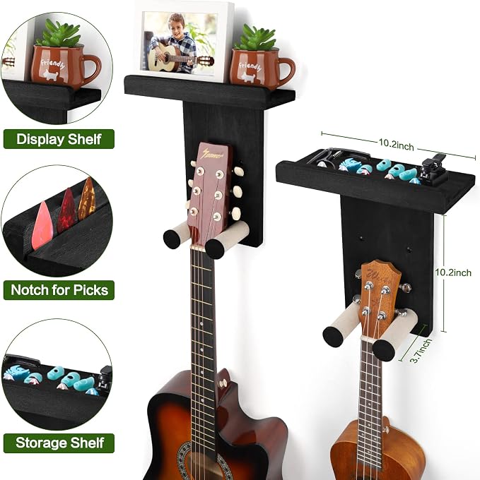Keebofly Guitar Wall Mount 3-Pack - Rustic Wood Guitar Hanger with Pick Holder for Acoustic, Electric, Bass Guitars & Ukulele (Matte Black, Screw-Mounted) [Patented]