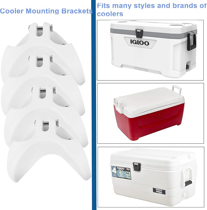 Boat Cooler Mounting Kit White Universal Cooler Tie Down Kit,Fits Most Brands Secures Stops Sliding Fast Removal , Include 4 Corner Pieces, 2 Quick-Connect Stretch Straps