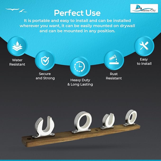 MARINE CITY Fishing Rod Storage Hanger Rack, 4-Rod Reel with Teak Base, Length 2.71 Inches for Boats Yachts Cars & Marine Use