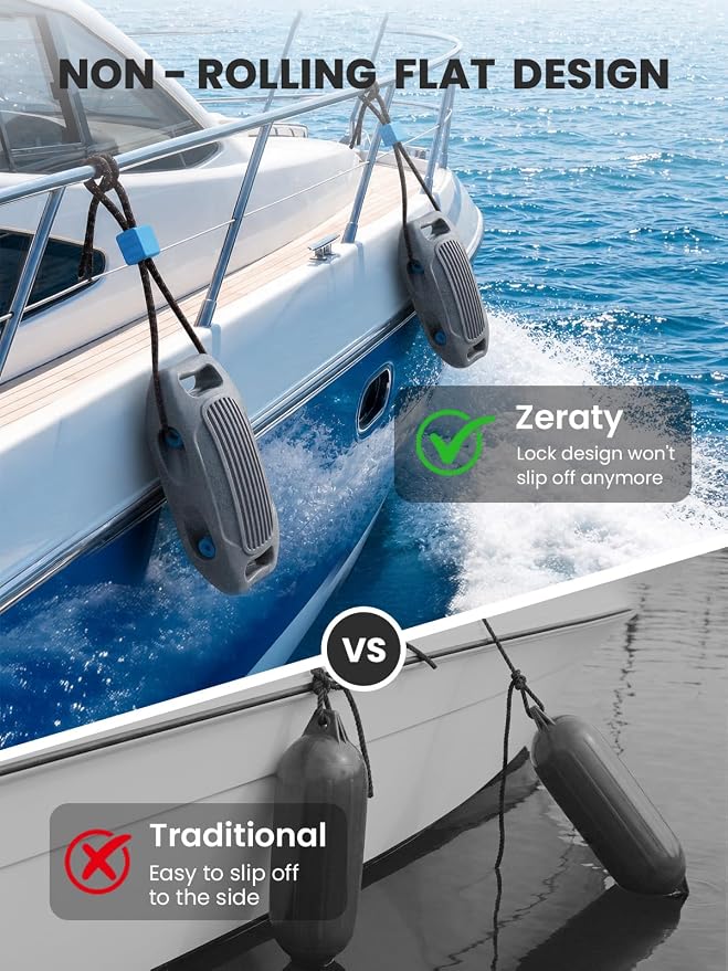 Zeraty Solid EVA Boat Fenders 1-2-4 Packs, 17''x8'' No-Deflation Dock Bumpers with Adjustable Ropes, Modular Stackable Non-Rolling Marine Hull Protector for Pontoon, Yacht, Bass, Jet Ski and Jon Boats