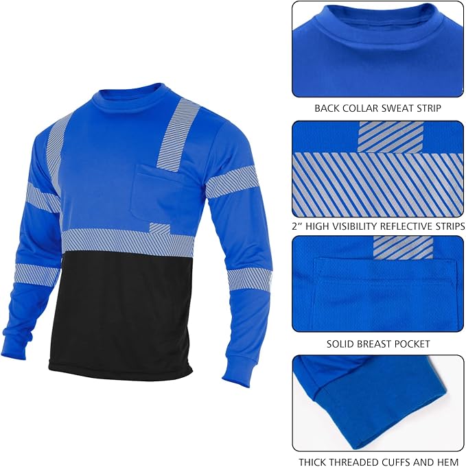 VENDACE Safety T Shirts Reflective High Visibility 3 Pack Hi Vis Long Sleeve Construction Work Shirts for Men (Royal Blue,XL)