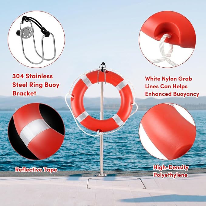 Life Ring for Boating Safety - 23" and 28" Boat Safety Throw Rings with Reflective Strip and Grab Lines
