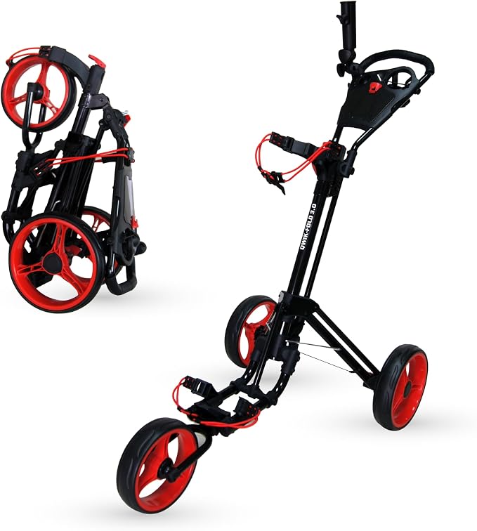 Qwik-Fold 3-Wheel Golf Push Cart with Foot Brake – 1-Second Fold & Unfold Folding Golf Trolley, Lightweight Aluminum Frame, Adjustable Handle, Ball-Bearing Wheels, Umbrella Holder & Storage