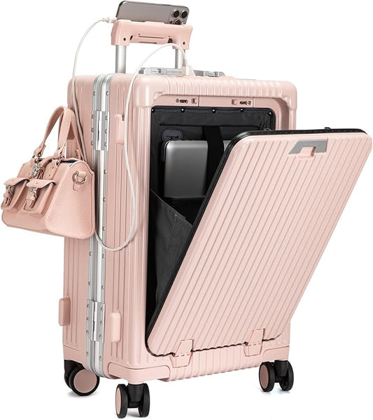 feilario 20in Aluminium Frame Zipperless PC Hard Shell Spinner Wheels Luggage, Built-In TSA lock Carry on Suitcase, with Cup Holder, USB Port, Phone Holder