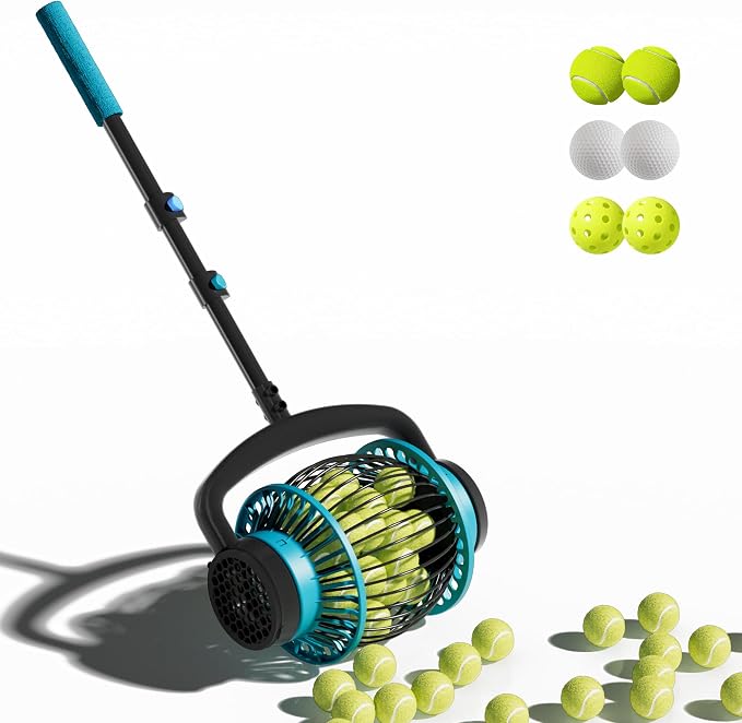 Tennis Ball Collector Roller with Adjustable Handle, No-Bend Quick Rolling Picker for Tennis Court, Quick-Tip Ball Release for Fast Emptying, Large Hopper Holds 20+ Tennis Balls Save Time & Your Back