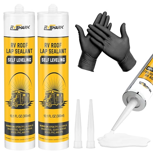 RV Roof Sealant 2 Pack, 30 Seconds Self Leveling Lap Sealant – White, Fast Curing Waterproof Flexible Caulk RV Sealant with Gloves for Camper Trailer Roofs Maintenance Repair