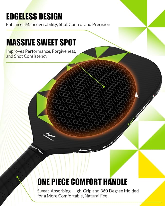 Warping Point Pickleball Paddle, Carbon Fiber Paddle with Endura Friction Surface, Polymer Honeycomb Core, Design for Ultimate Spin & Power, Large Sweet Spot & Contro, USAP Approved