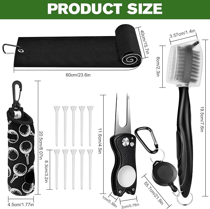 15 Pcs Golf Accessories Kit, Includes Cleaner Brush Towel Tees Golf Ball Bag with Hook Divot Tool with Ball Marker, Golf Essentials Kit for Women Man Gifts