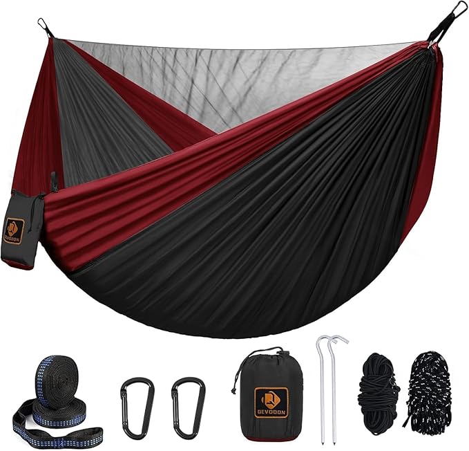 Camping Hammock with Mosquito Net,Lightweight 210T Nylon Hammocks,Portable Hammock with 10ft Tree Straps,Camping Gear Must Haves for Travel Hiking Backpacking Beach Patio-Black&Red