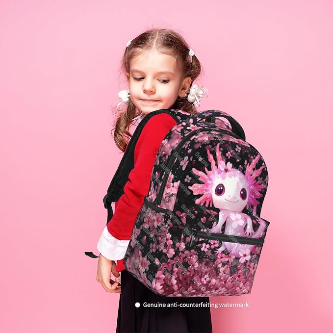 Axolotls Backpack for Girls Cute Axolotls School Backpack For Kids Lightweight Adjustable Elementary Middle School Students Bookbag Travel Back Pack for Children Teens Age 6-18