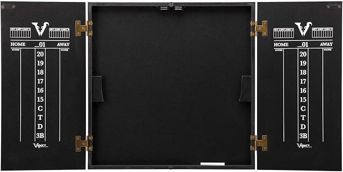 Viper Hideaway Dartboard Cabinet Set with Steel-Tip Dart Board, Reversible Board with Baseball Game Option, Two Sets of Darts, Chalk Scoreboards, and Matte Black Finish