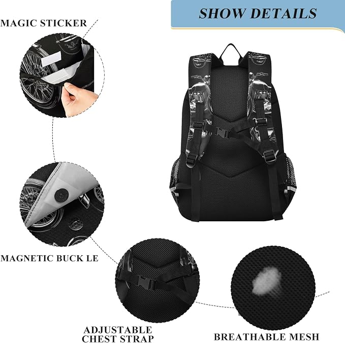 Fisyme Black White Motorcycles School Backpack Laptop Backpacks Bags Bookbag Travel Casual Computer Notebooks Daypacks
