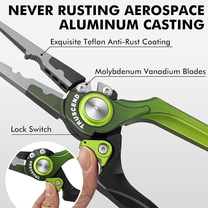 TRUSCEND Easy Use Lockable Fishing Pliers with Tungsten Carbide Cutter, Innovative Ergonomic Handy Handle, Saltwater Corrosion Resistant Teflon Coated Fishing Tool, Light Multi-Function Fishing Gear
