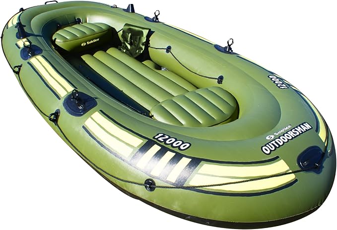 SOLSTICE Inflatable Boat for Lakes, Rivers & Beaches – Heavy-Duty Raft with Swivel Oar Locks, Rod Holders & Inflatable Seats – Outdoorsman, Fishing, 6-Person, Green, 12'