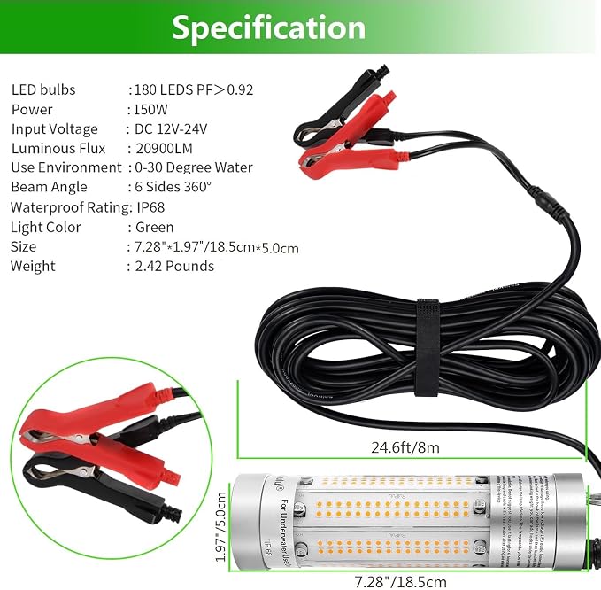 150W 20900lm Underwater Fishing Light, IP68 Waterproof Aluminum Super Bright Night Fish Attracting Submersible LED Lamp Lure Bait Finder for Freshwater Saltwater Sea Kayak Ice Dock (Yellow)