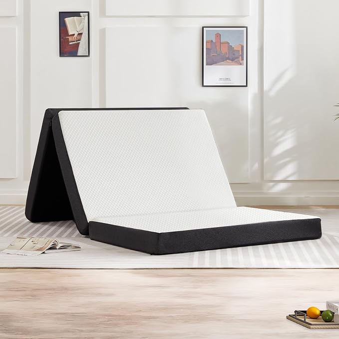 Folding Memory Foam Pads, 4" Tri-Fold Twin Topper with Washable Cover, Portable Guest Floor Bed Non-Slip for Travel Camping