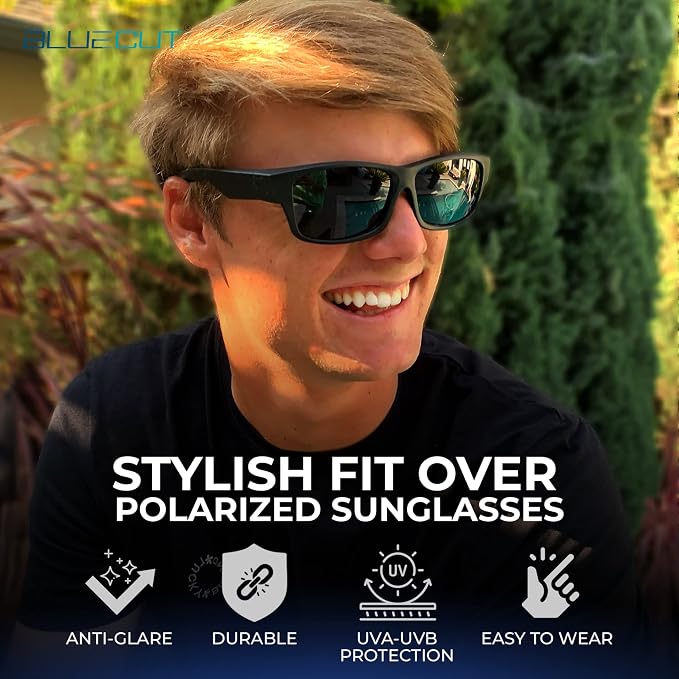 BLUE CUT Fit Over Polarized Sunglasses Driving Clip-on Over Glasses, Solar Shield Sunglasses Over Prescription Glasses