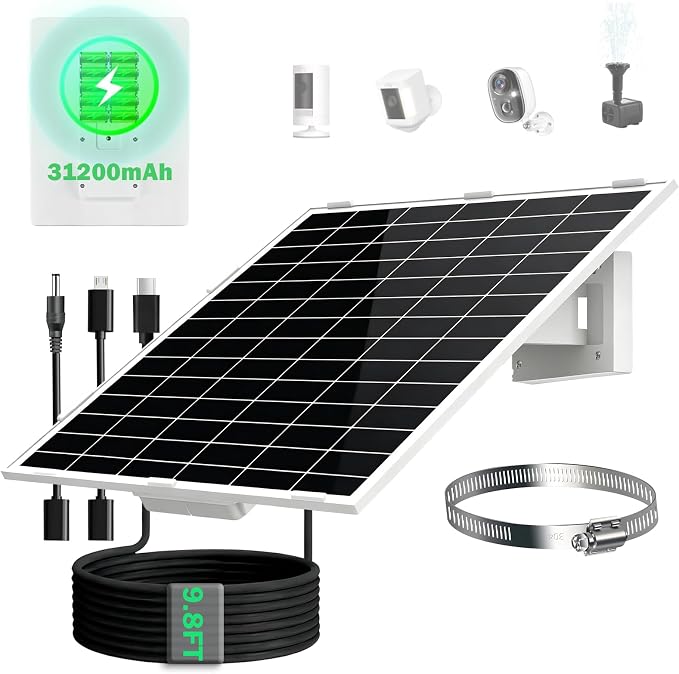 20Watt Solar Panel Kit with Built-in 31200mAh Battery Output: 5V/1A Features USB-C, Micro-USB, and DC 3.5 * 1.35mm Ports Compatible with Security Cameras, Outdoor Lights & More