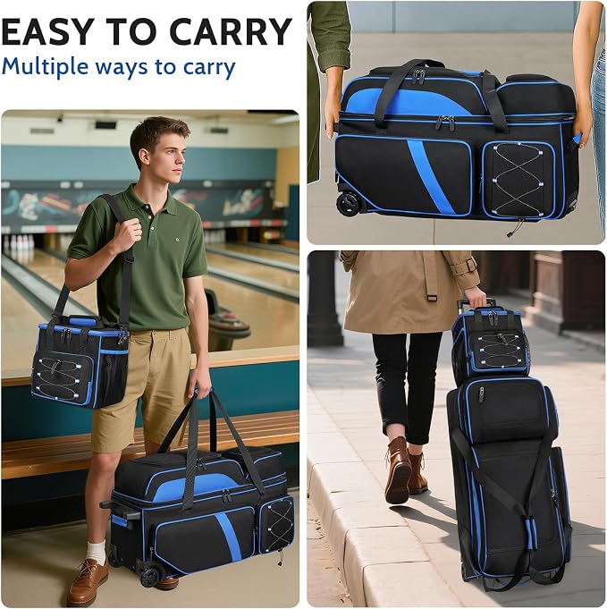 4 Ball Bowling Bag with Wheels, 3 Ball Bowling Bags Roller with 1 Ball Add On Bag, Multi-Pockets & Shoe Compartment (Fits Up to Size 16)